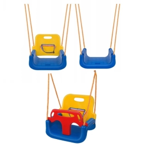 Huśtawka 3w1 dla dzieci rosnąca z dzieckiem bezpieczna z szelkami i barierkami do domu i ogrodu regulowana do 30 kg